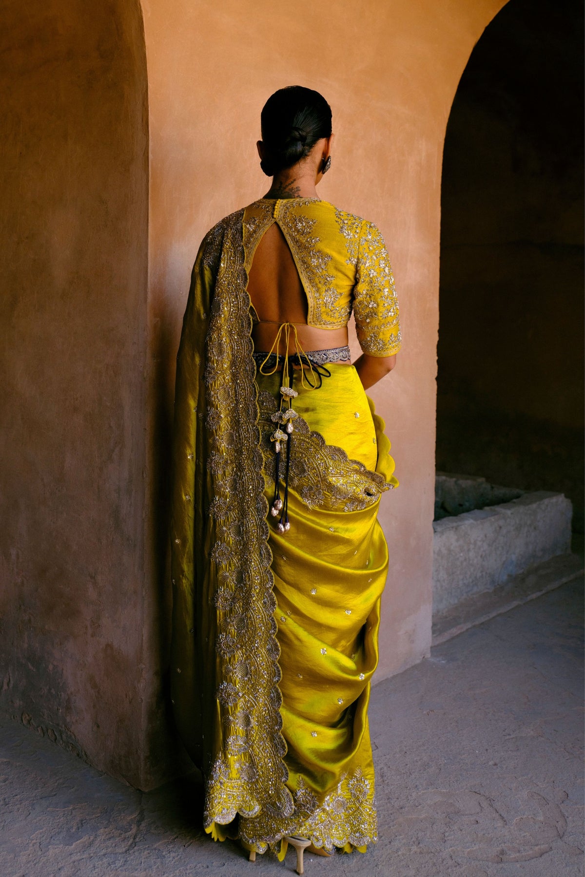 Embroidered Mustard Saree Set