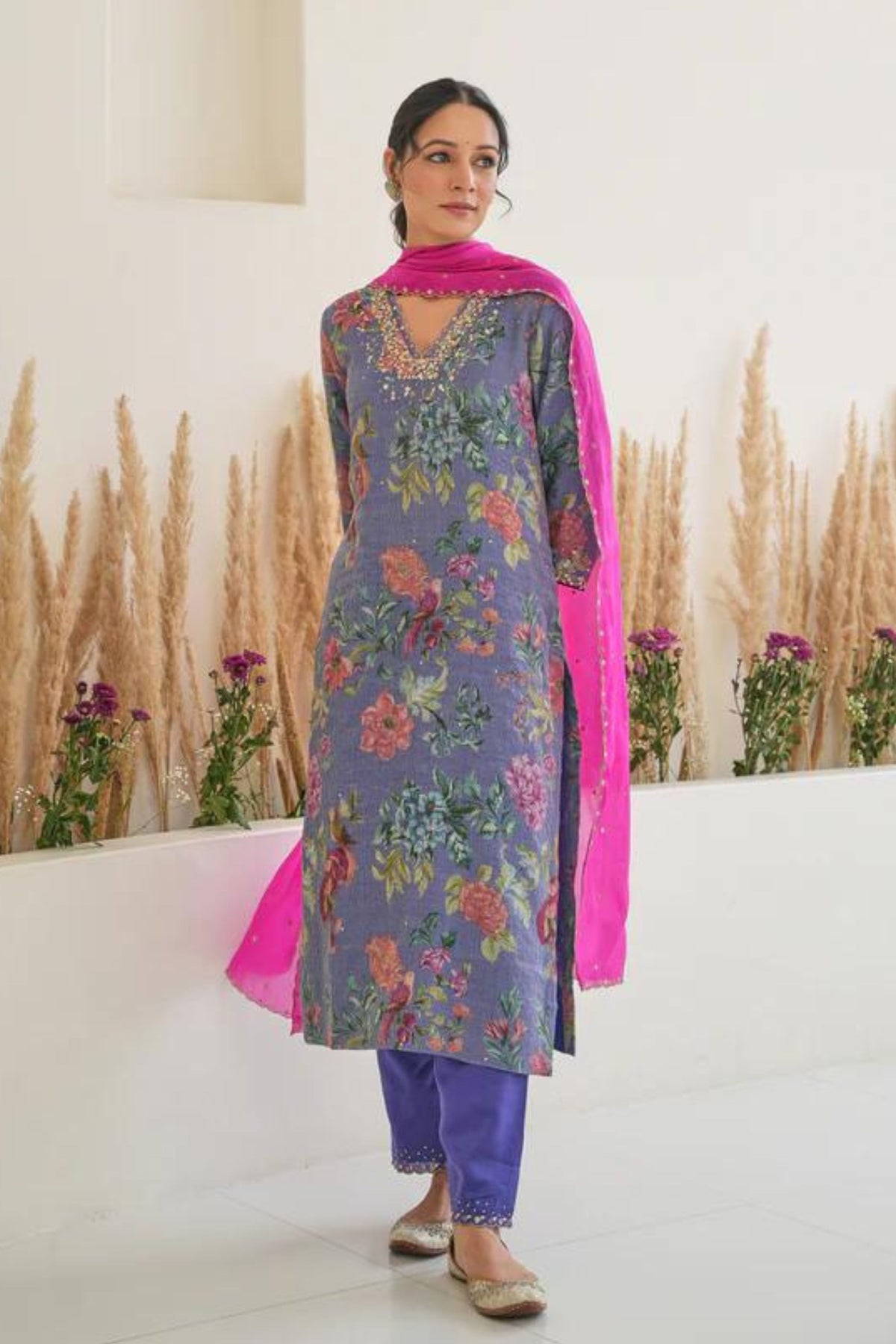Fiza Stripe Kurta Set in Purple With Dupatta