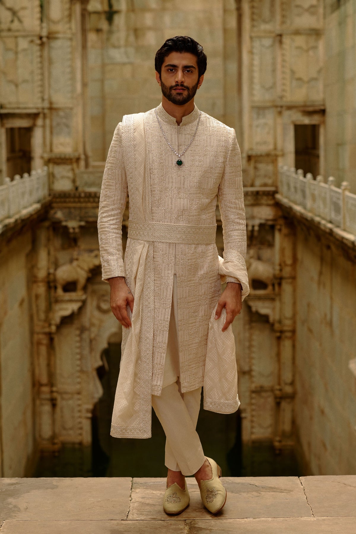 Beige Raw Silk Sherwani Set