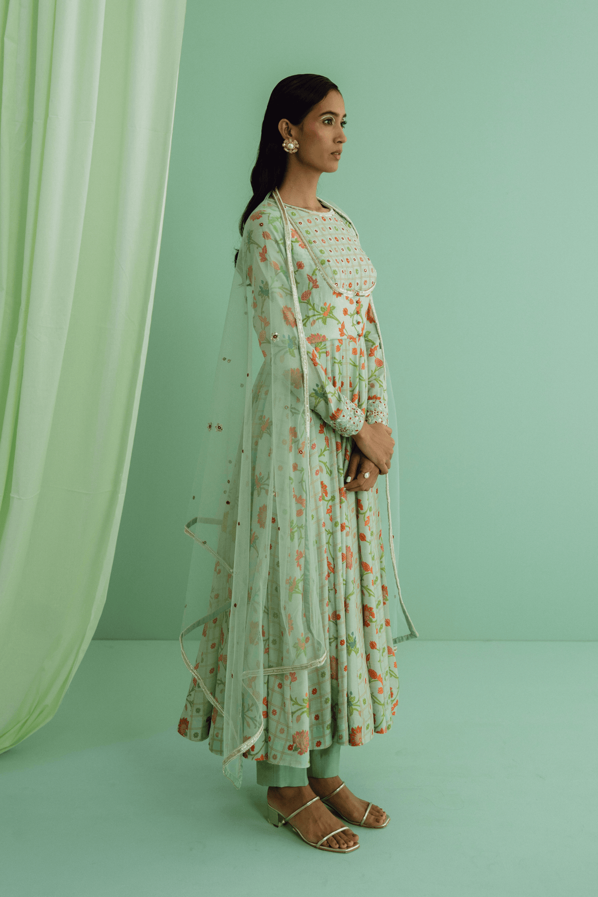 Green Mix Print Yoke Anarkali Set