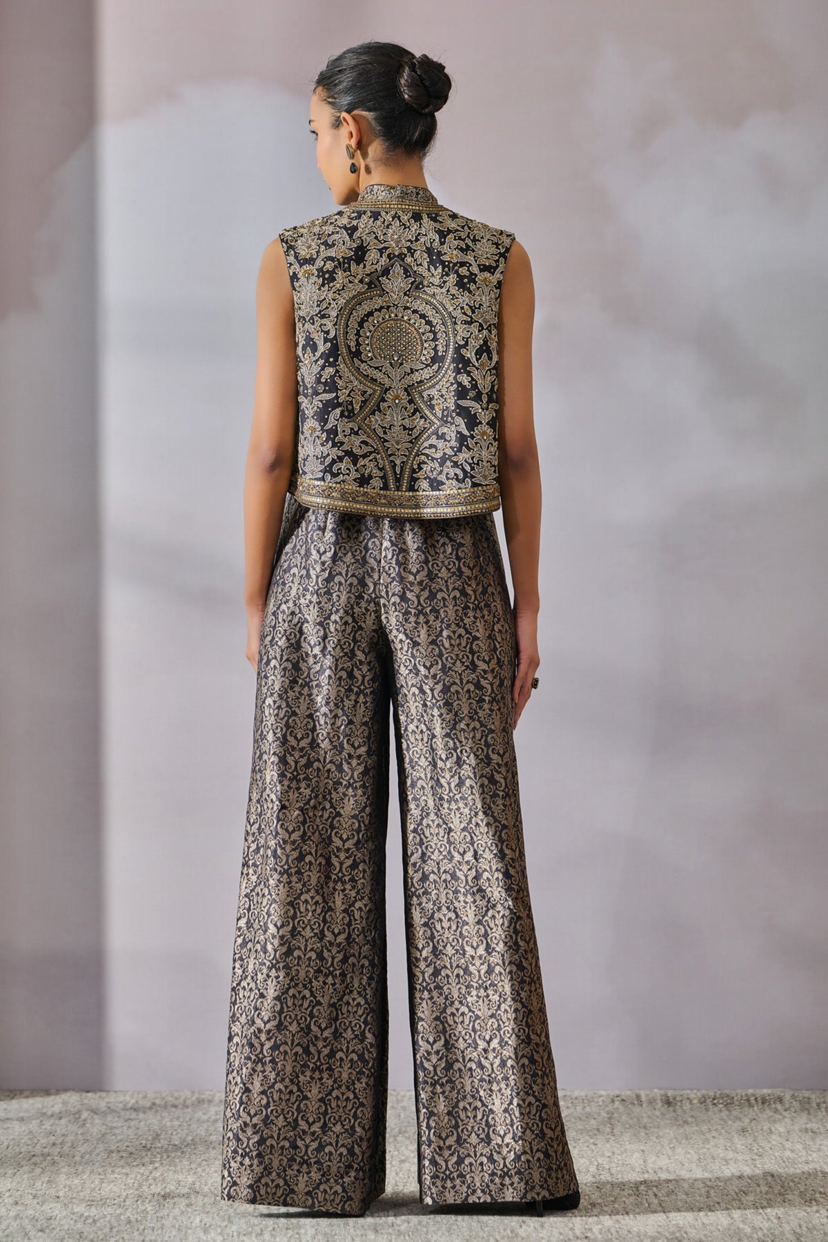 Embellished Brocade Jumpsuit With Gillet