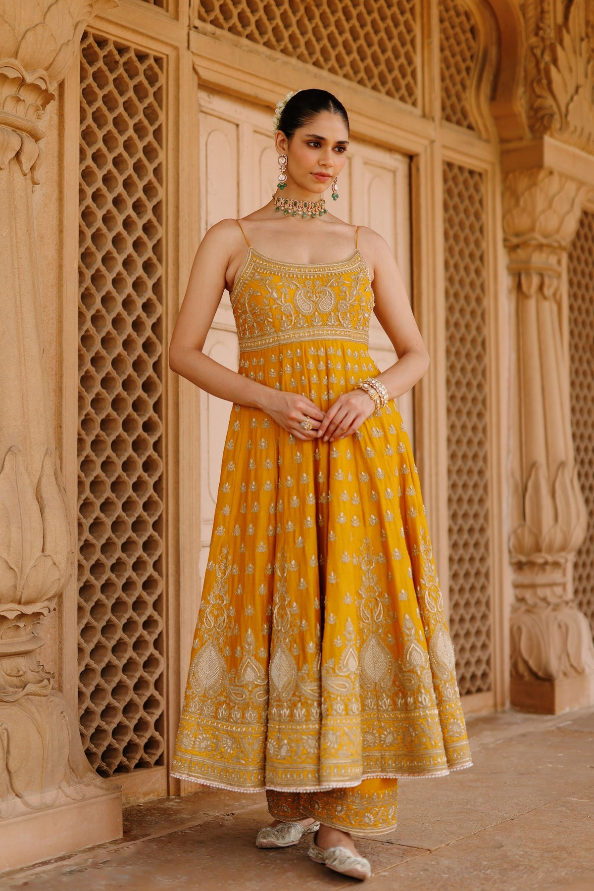 Afraa Mustard Anarkali Set