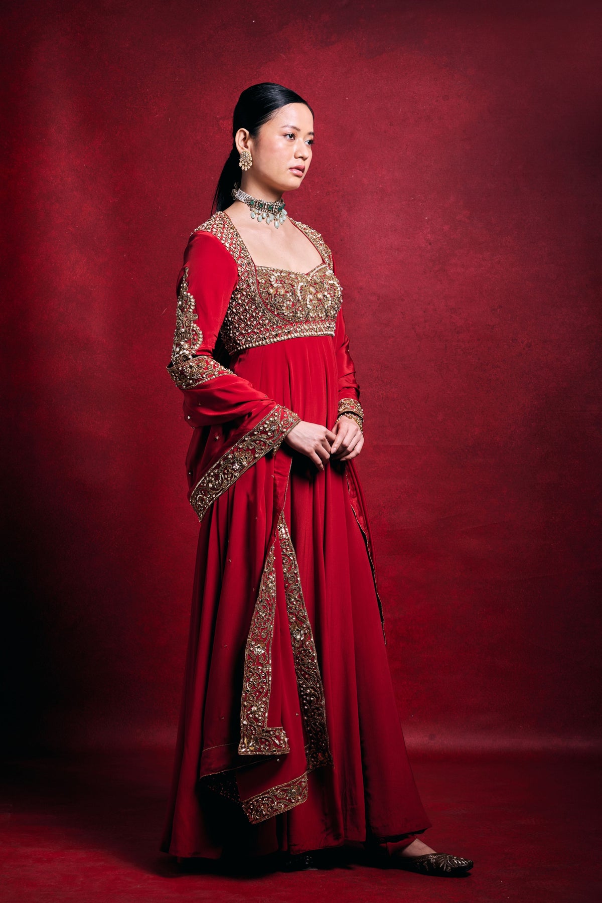 Red Striking Anarkali Set