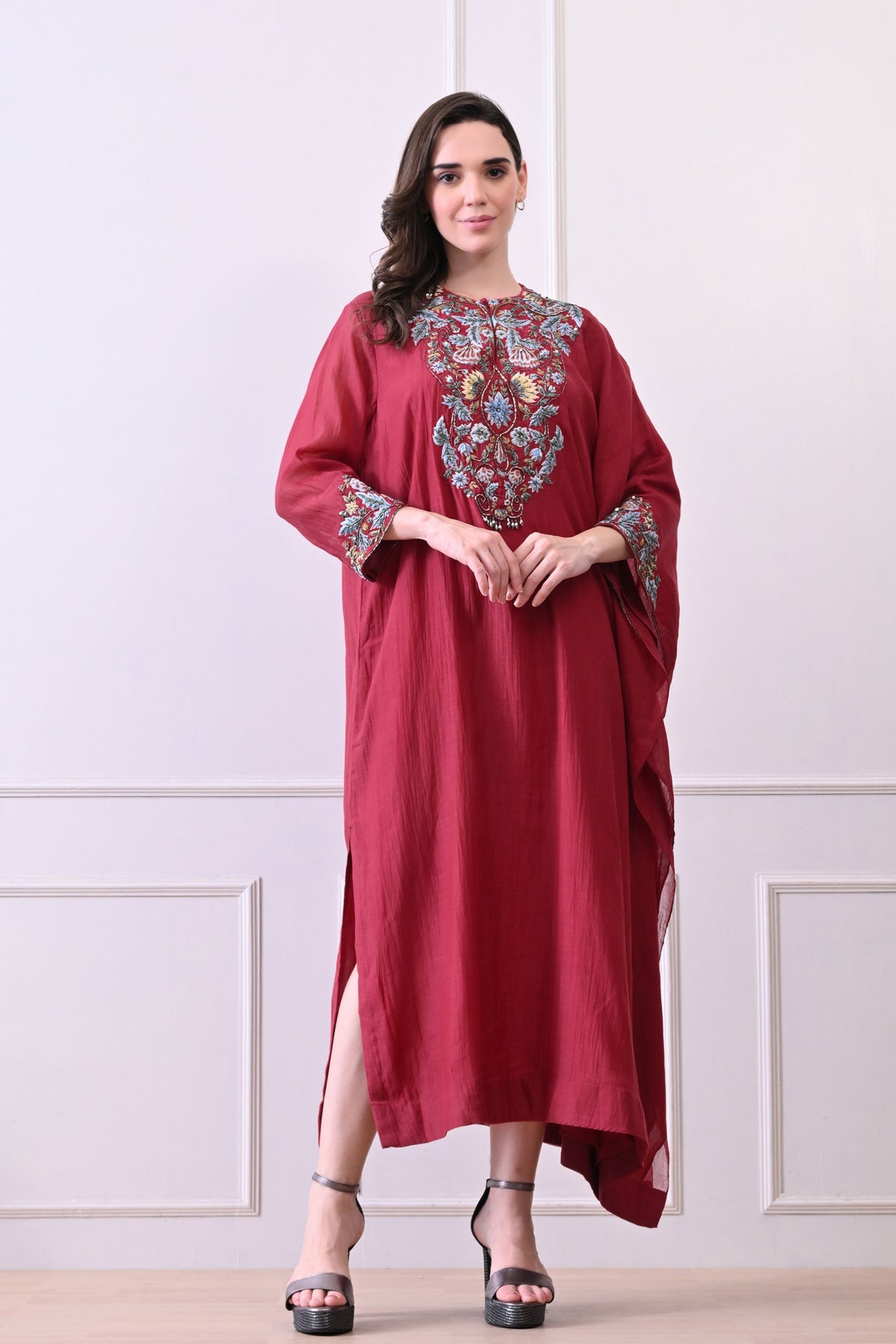Maroon Zardozi Embroidered Kaftan