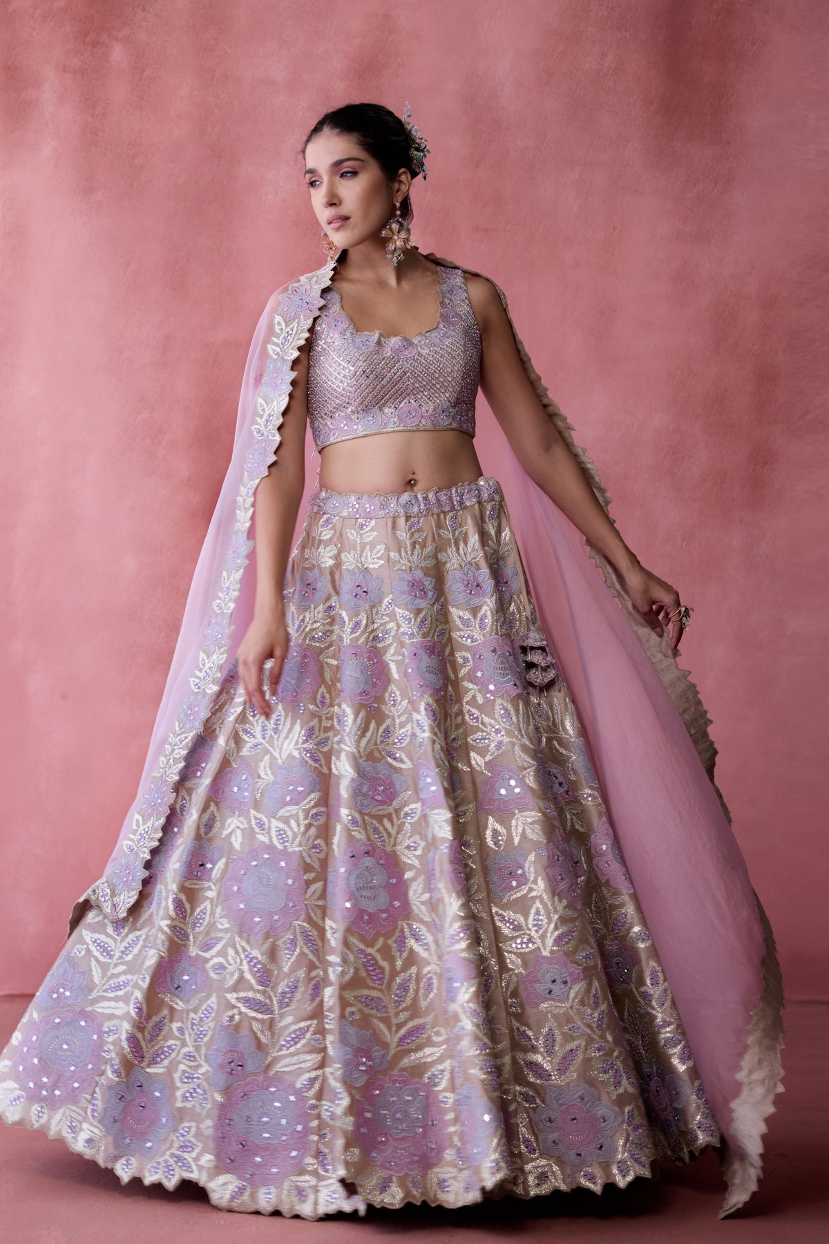 Champagne Gota Floral Lehenga Set