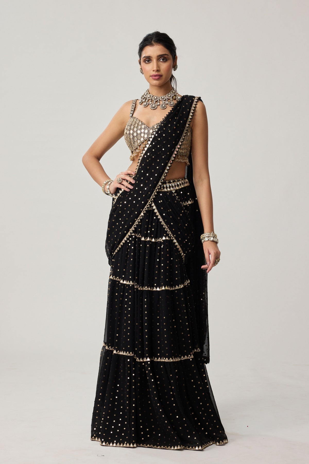 Black Multi-tier Saree Set