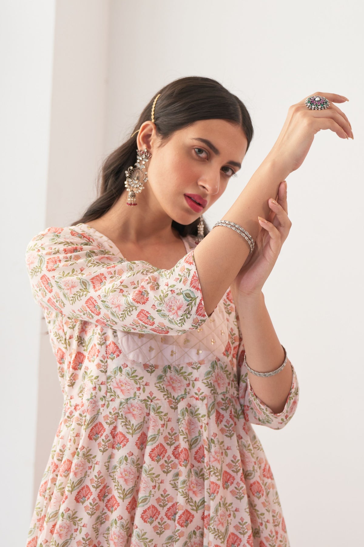 Ivory Peony Embroidered Anarkali Chudidar