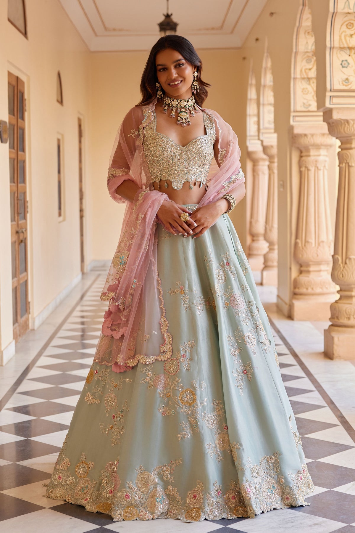 Tea Green Embroidered Lehenga Set