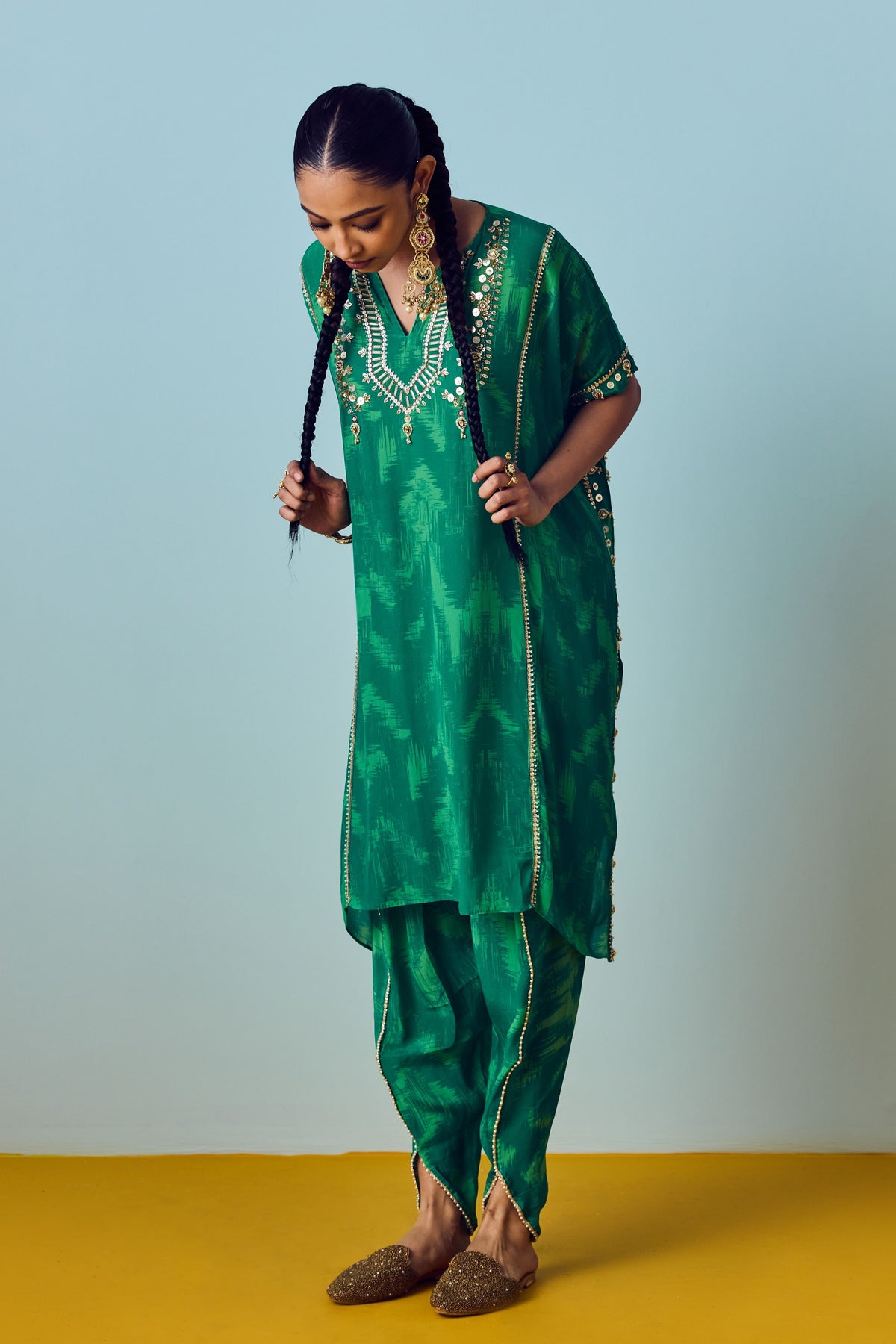 Nourie Coral Green Kaftan Set