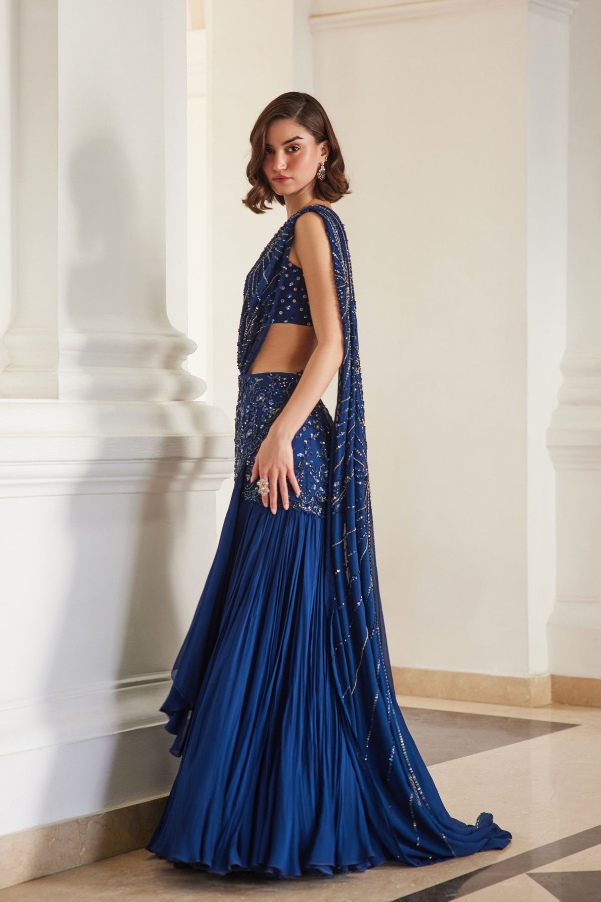 Teal Blue Saree With Bustier