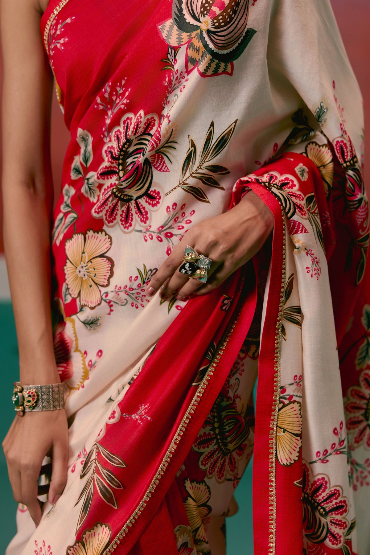 Ecru and Red Floral Saree