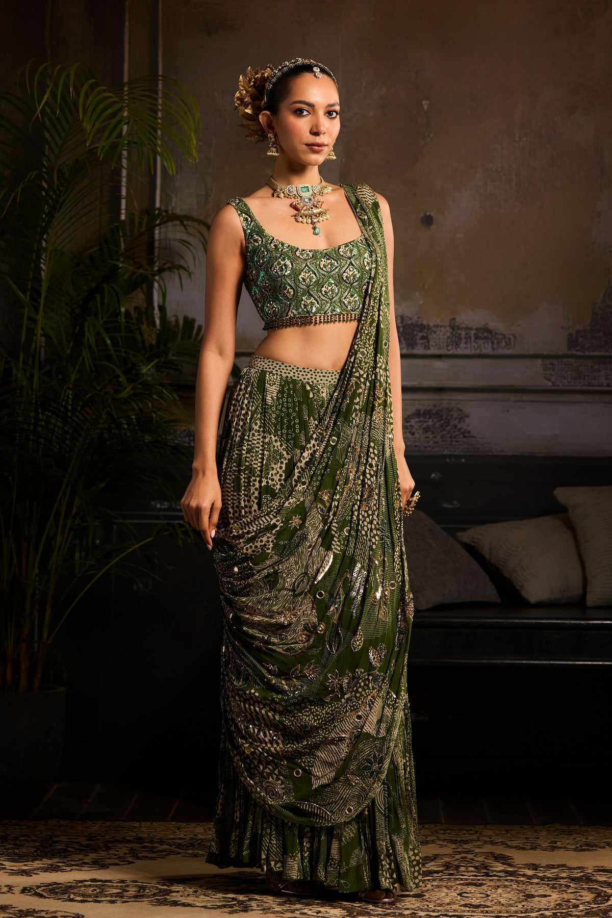 Sage Green Printed  Saree Set