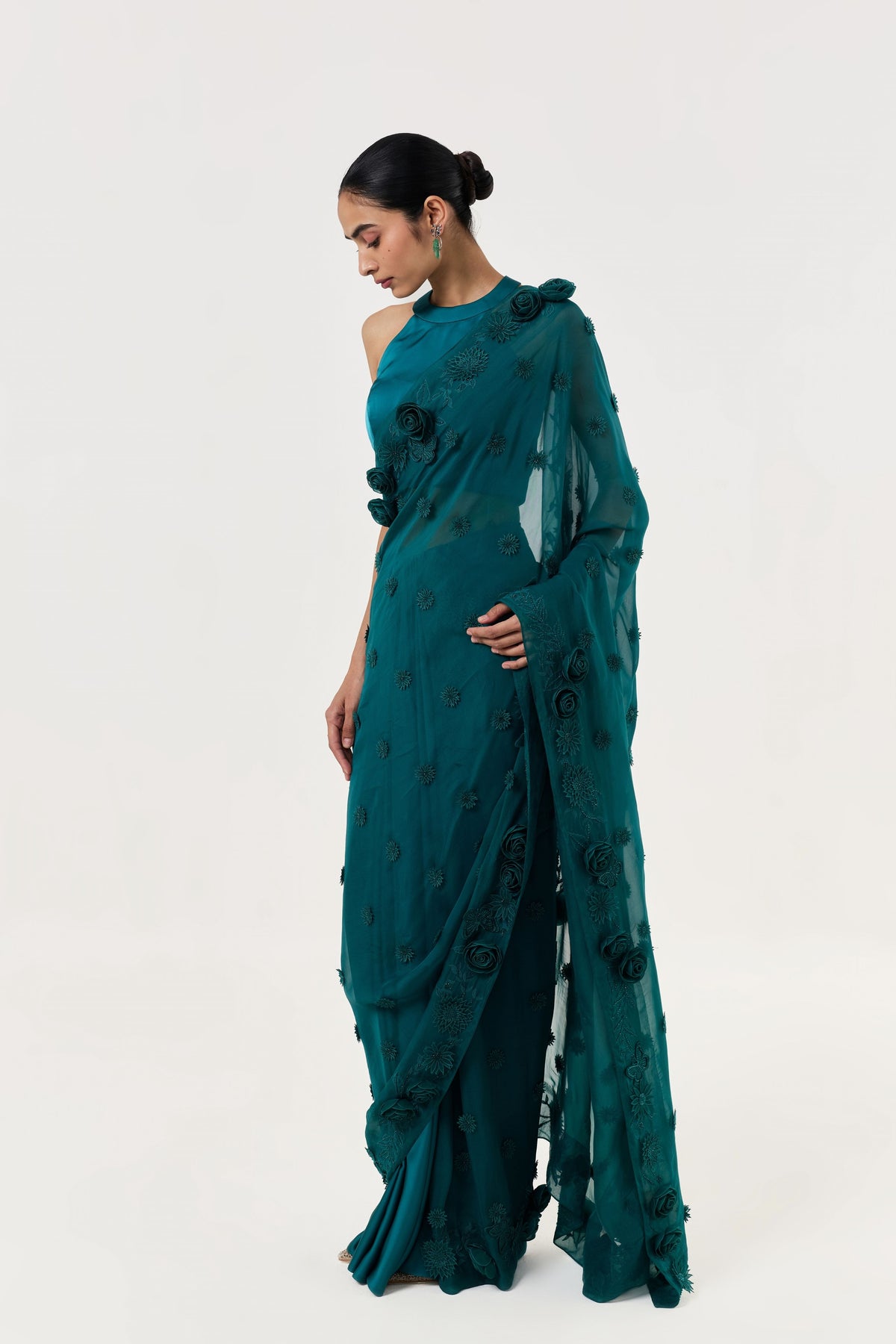 Teal Rose Saree Set