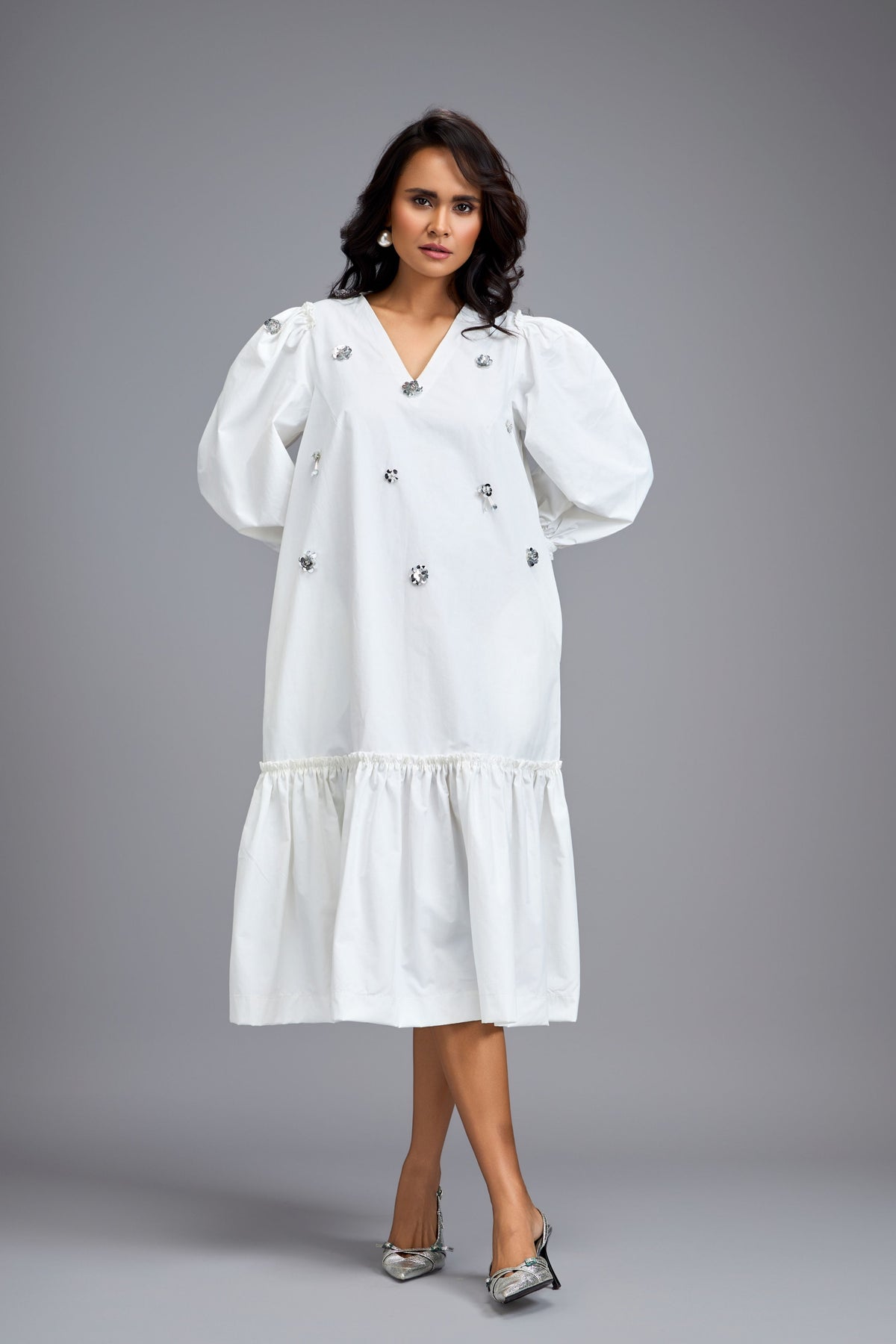 Long Gathered White Embellished  Dress