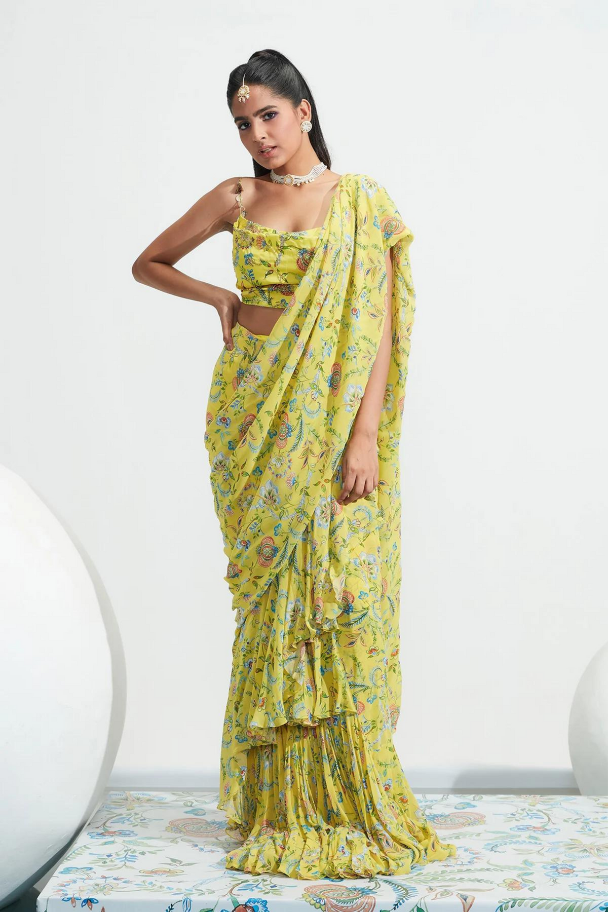 Habiba Yellow Embroidered Ruffle Draped Saree