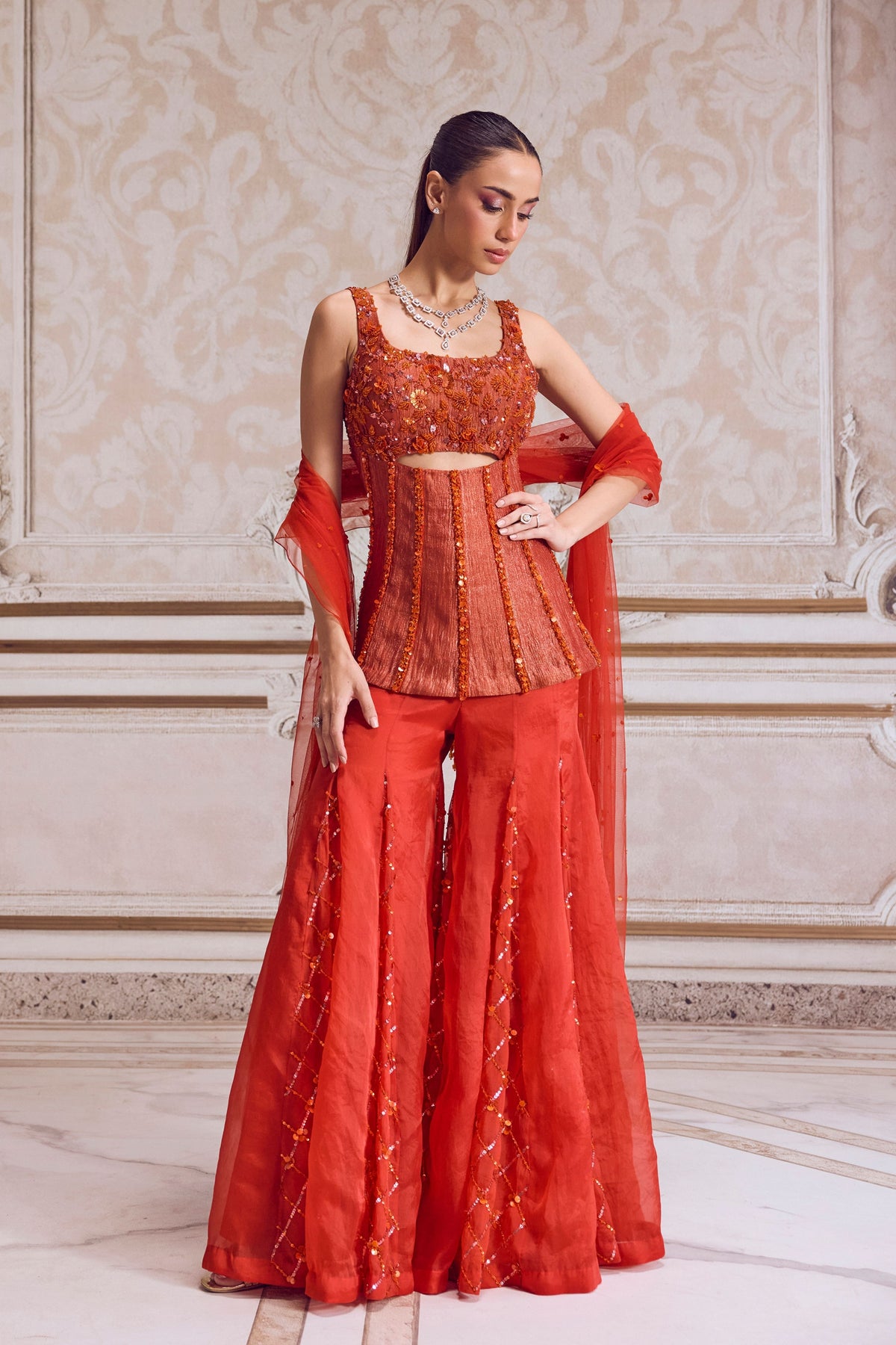 Rust Organza Sharara Set