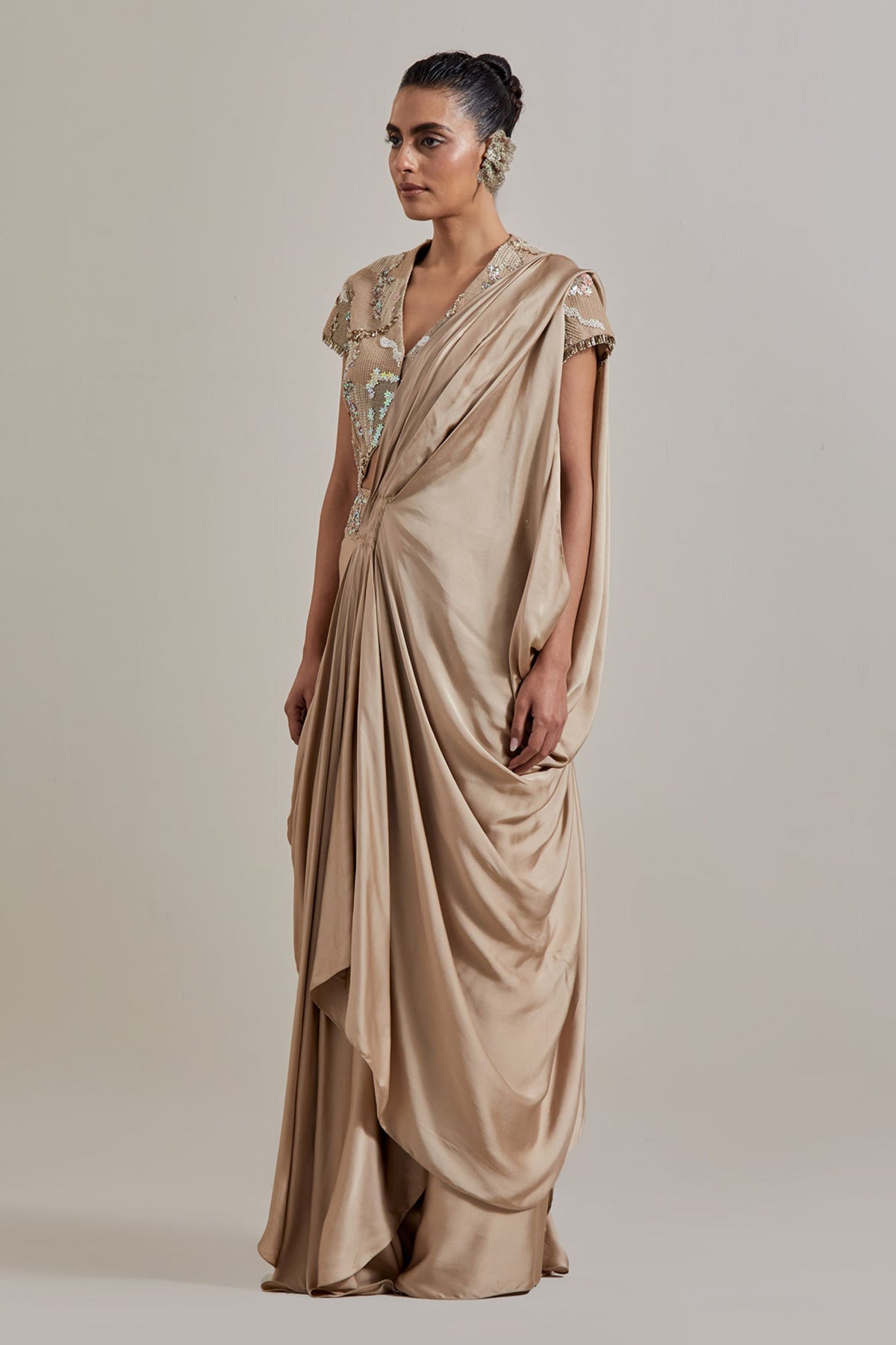 Champagne Drape Saree Set
