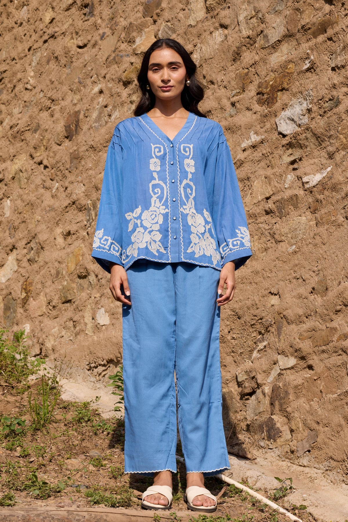 Blue Front Open Pintuck Top