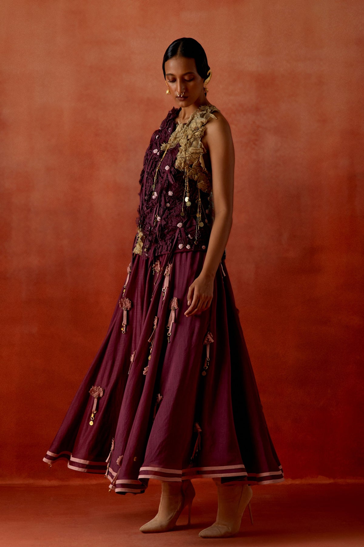 Wine Embroidered Skirt Set