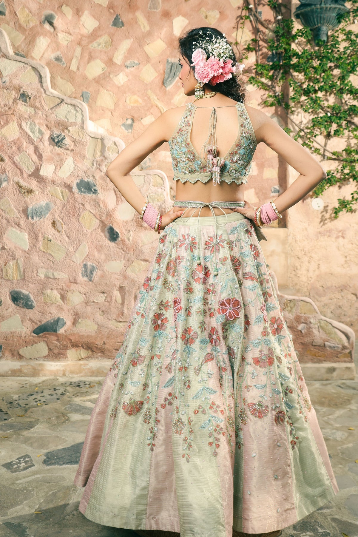 Spring Green and Melon Lehenga Set