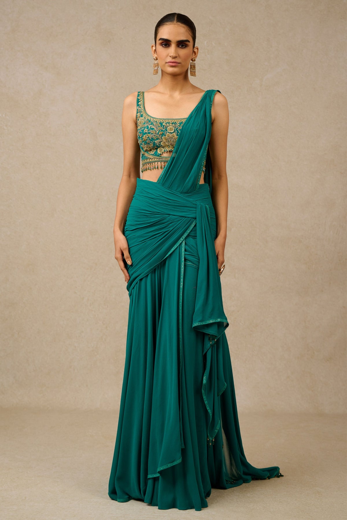 Teal Pre-draped Saree