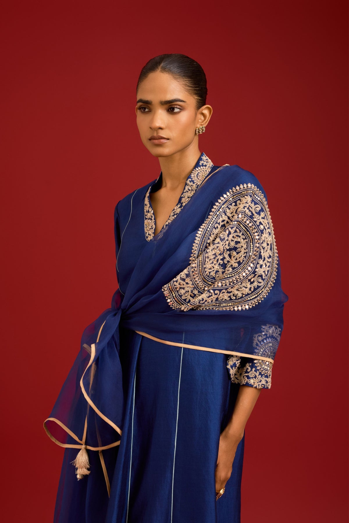 Navy Chinniya Silk Kurta Set