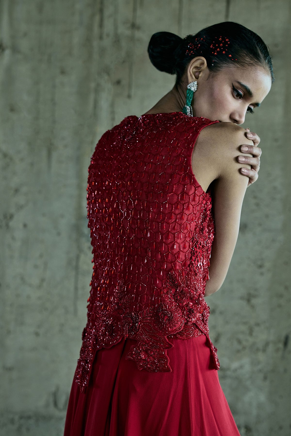 Red Assymetrical Top With Pants