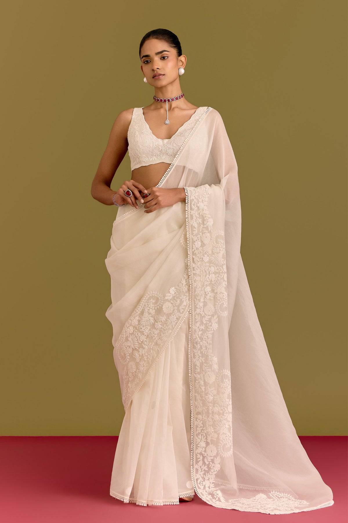 Ivory Embroidered Saree Set