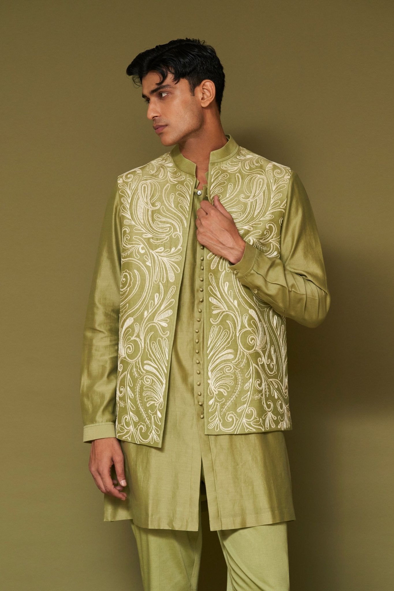 Pistachio Dori Embroidered Bundi Set - Devnaagri Menswear - Elahe