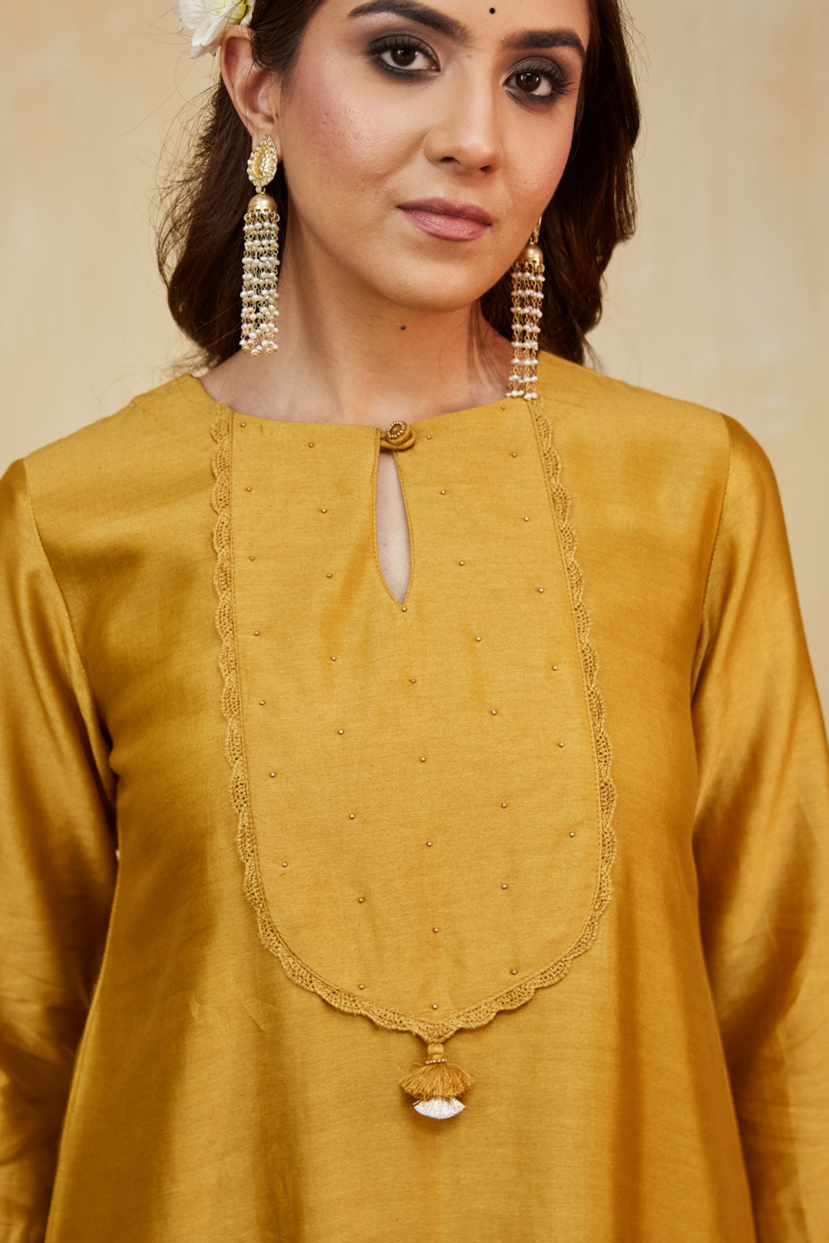 Mustard Nora Kurta With Lace Detail