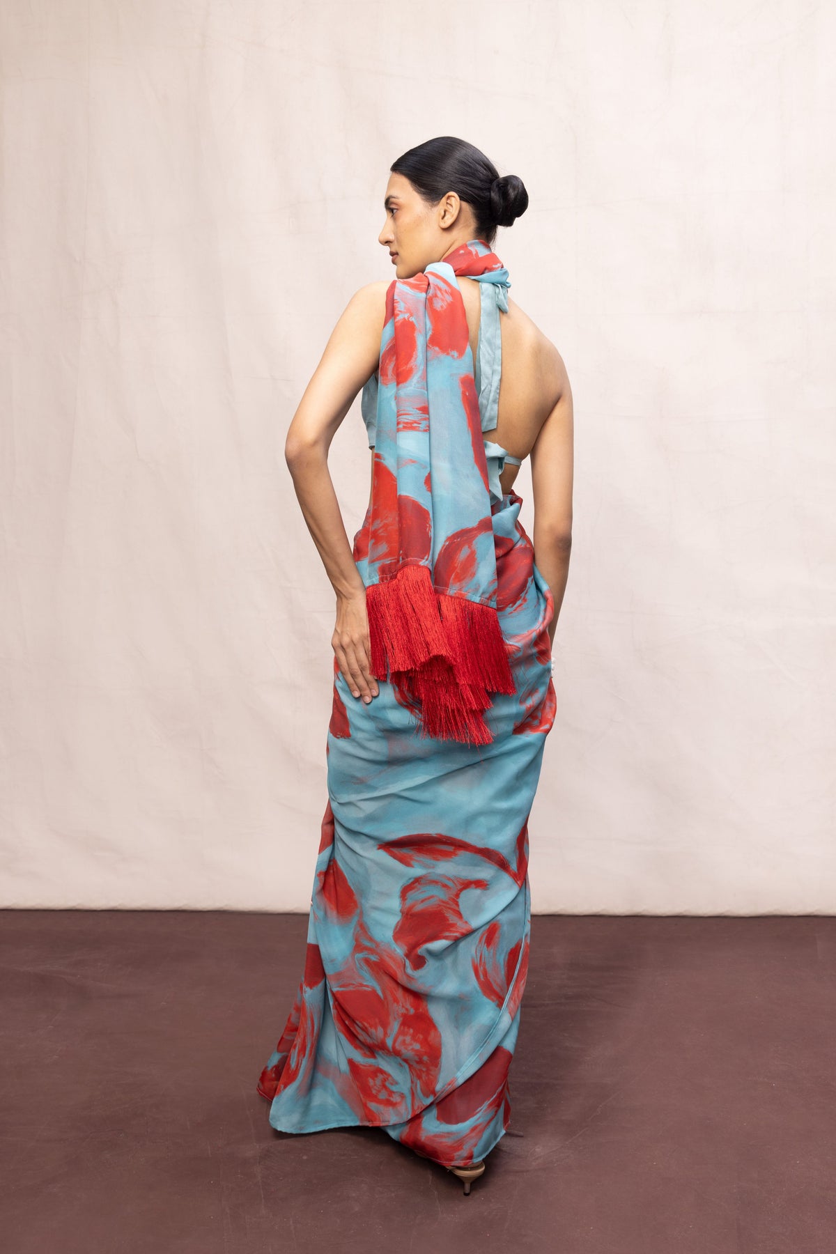 Sky Blue & Red Brush Stroke Saree