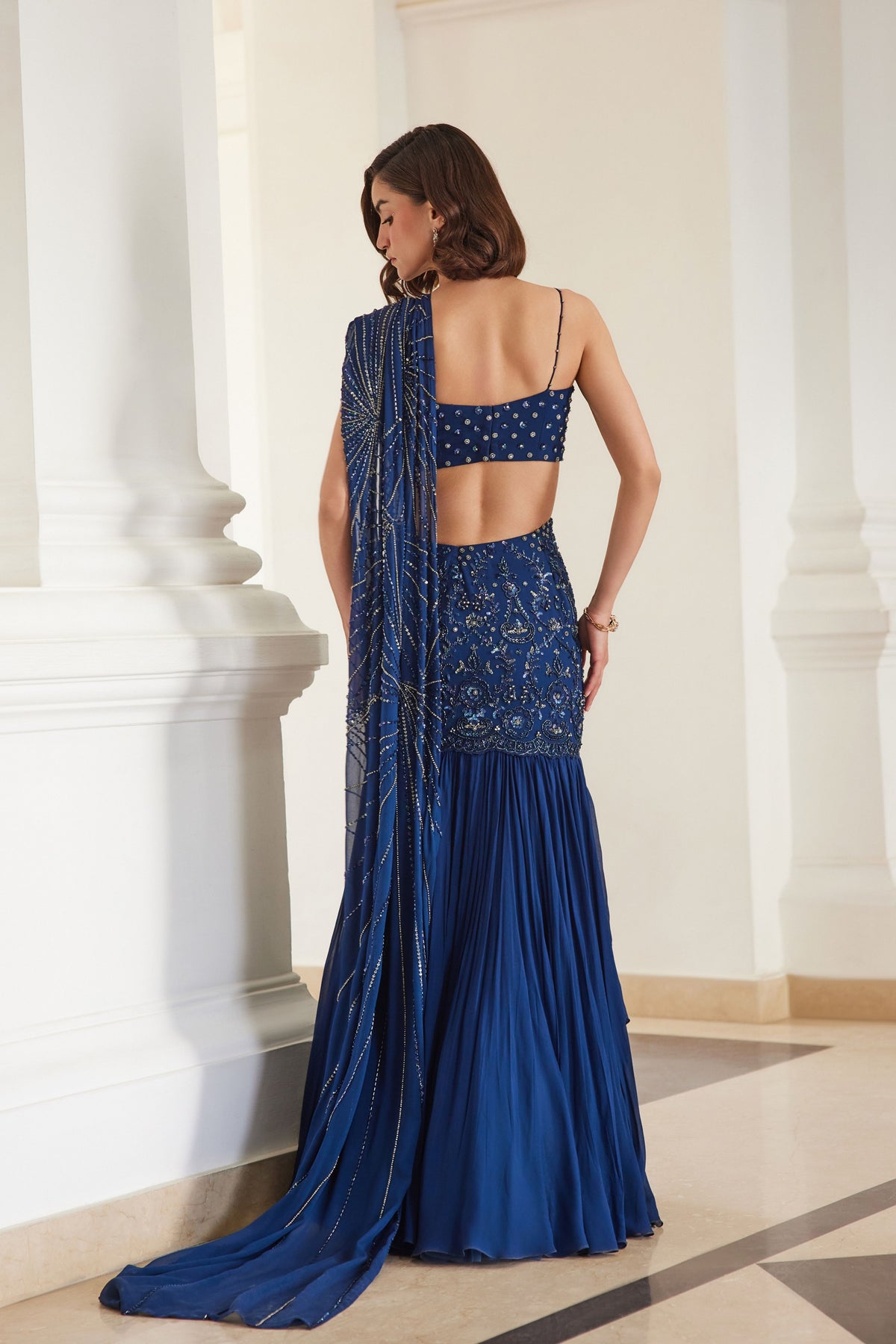 Teal Blue Saree With Bustier