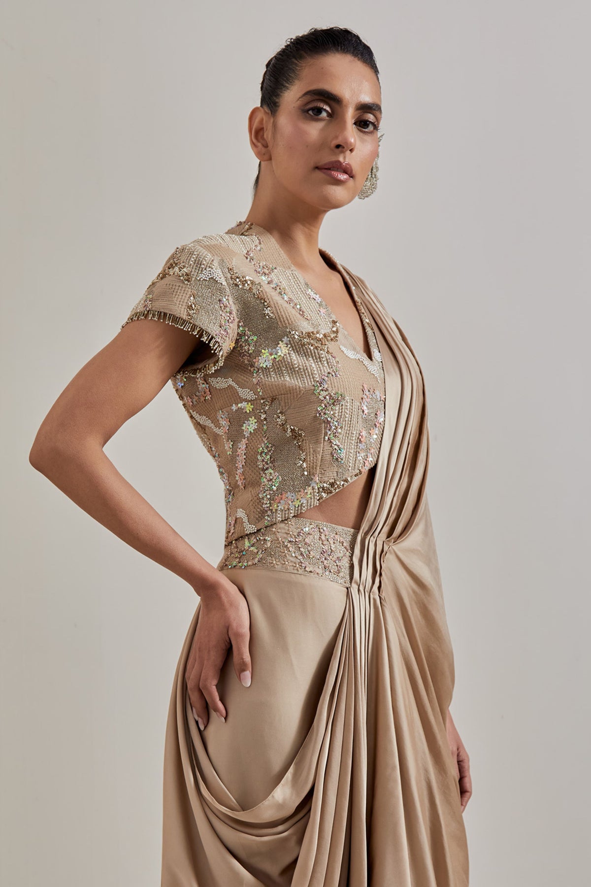 Champagne Drape Saree Set