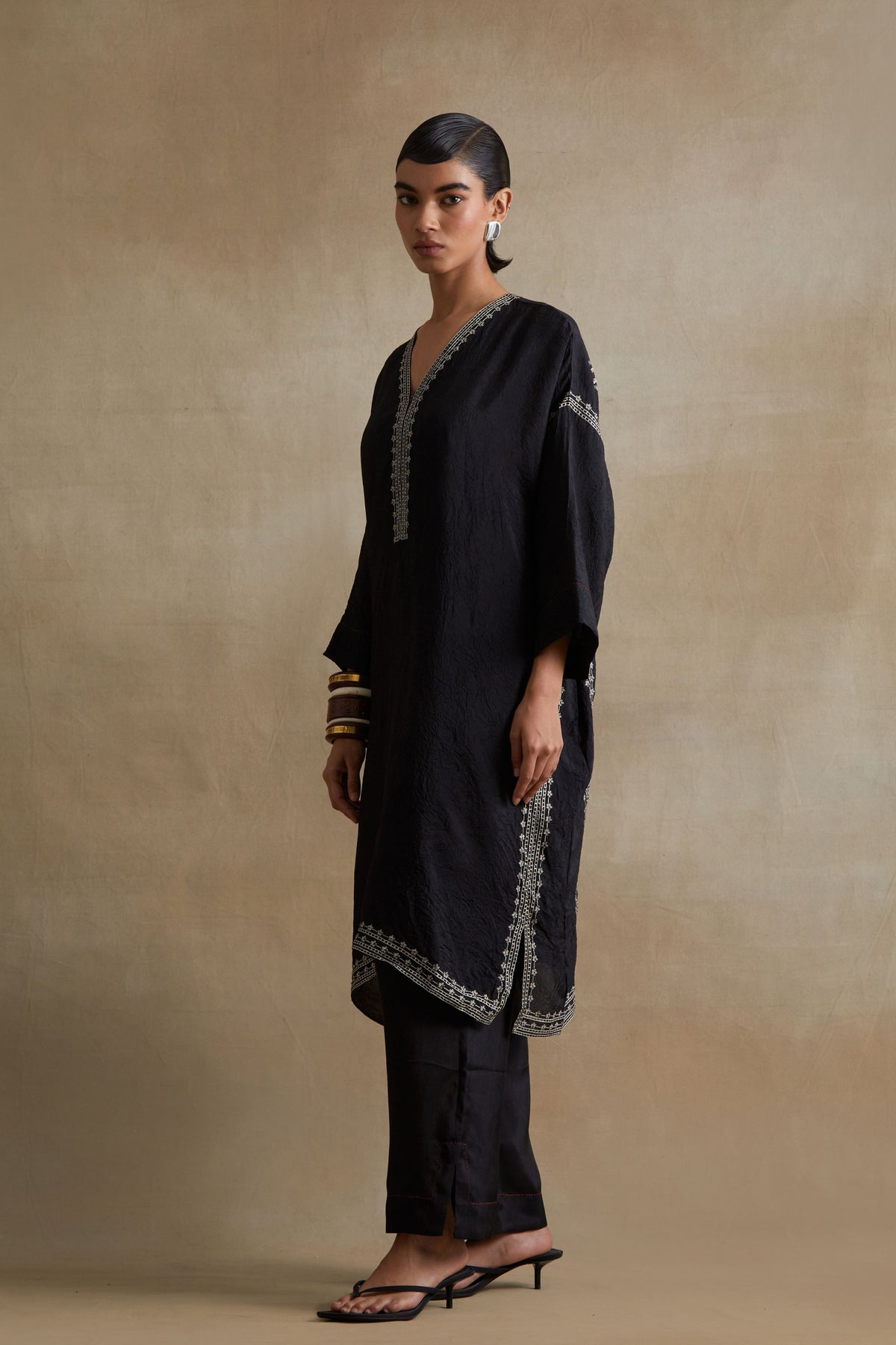 Black Thread Embroidered Kaftan Set