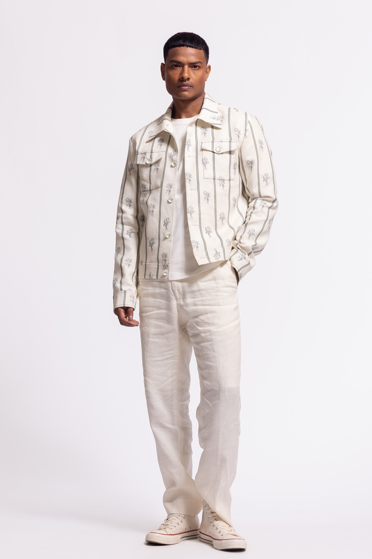Ivory Jacket With Stripes and Floral Print