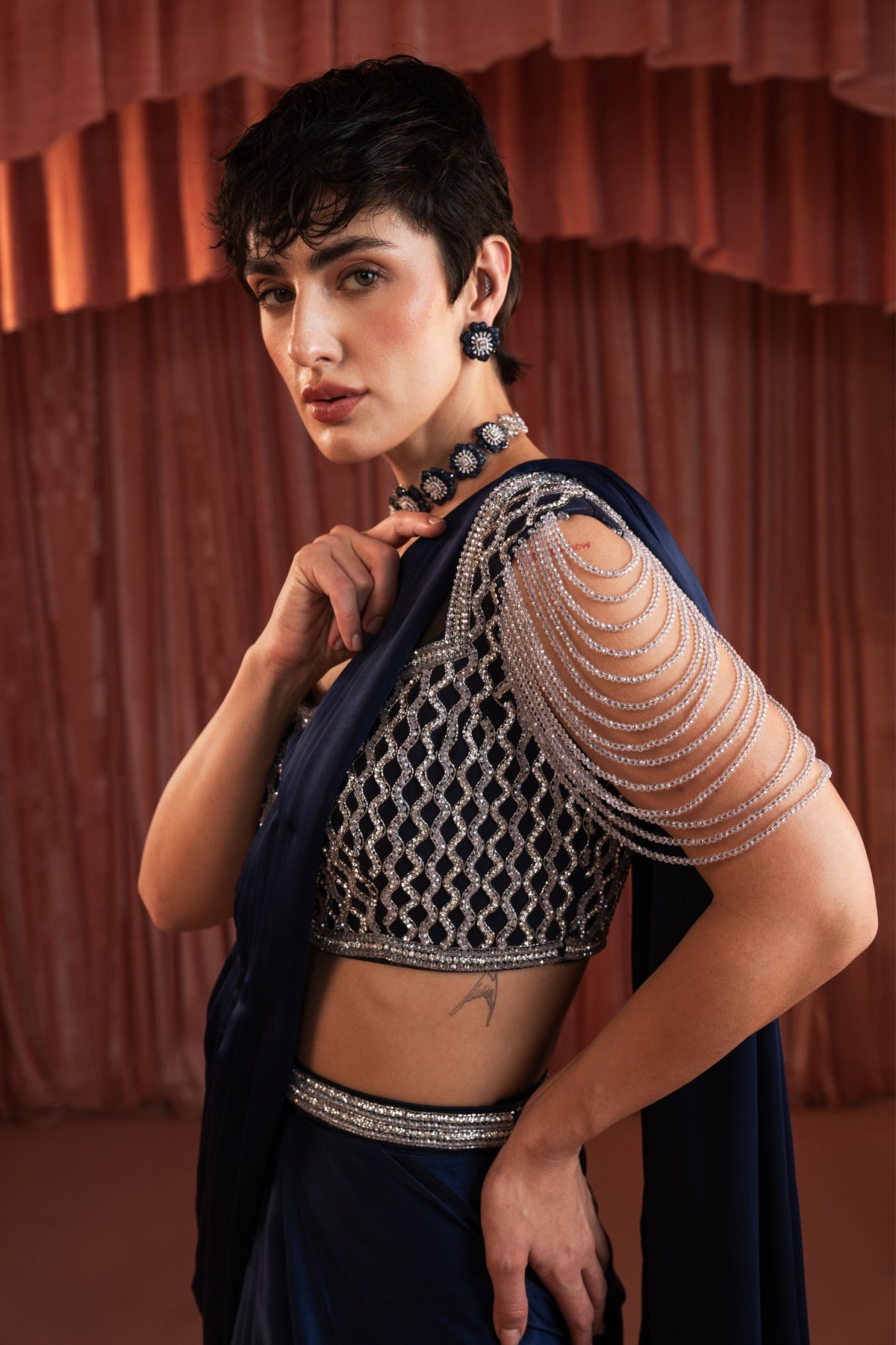 Midnight Blue Draped Saree Set