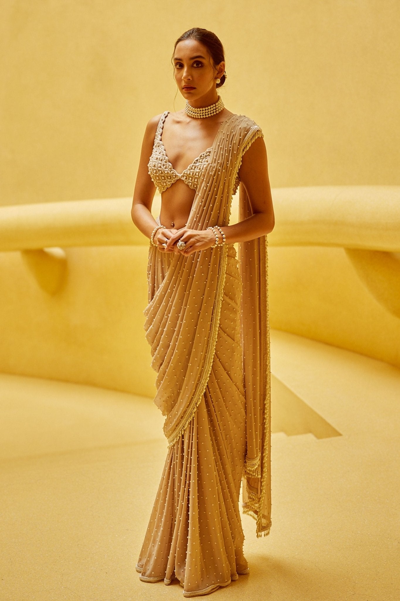 Light Beige Draped Saree Set - Vvani by Vani Vats - Elahe