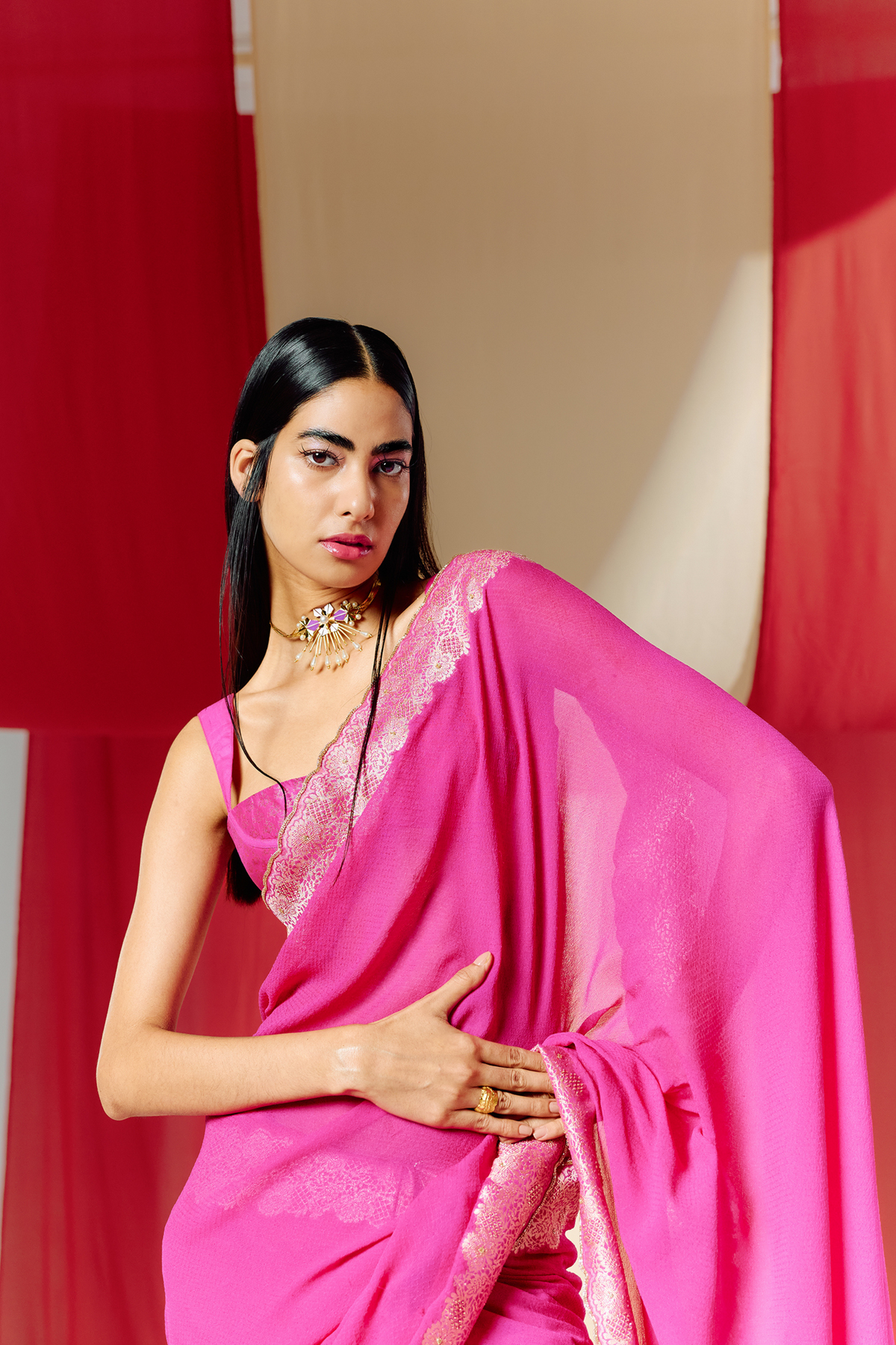 Pink Georgette Handwoven Saree
