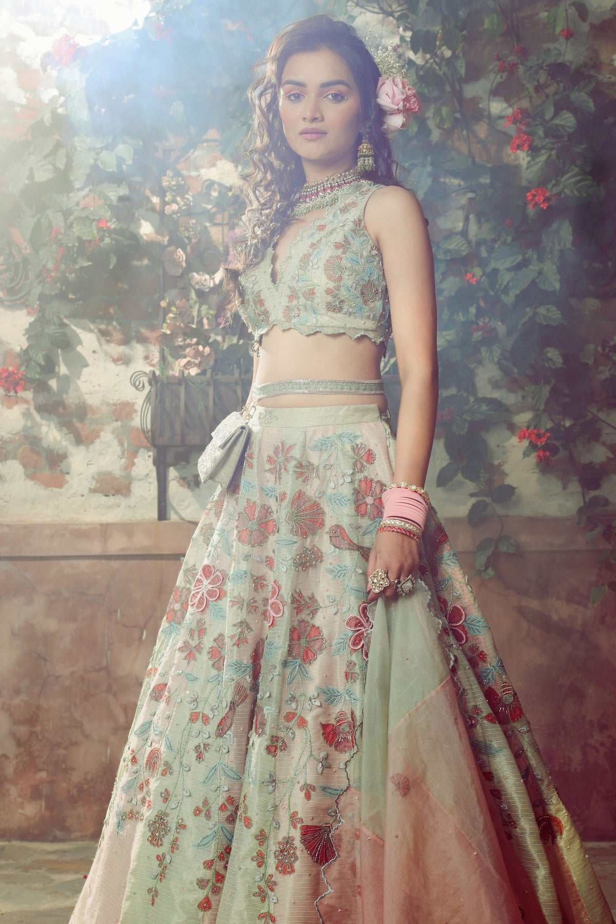 Spring Green and Melon Lehenga Set