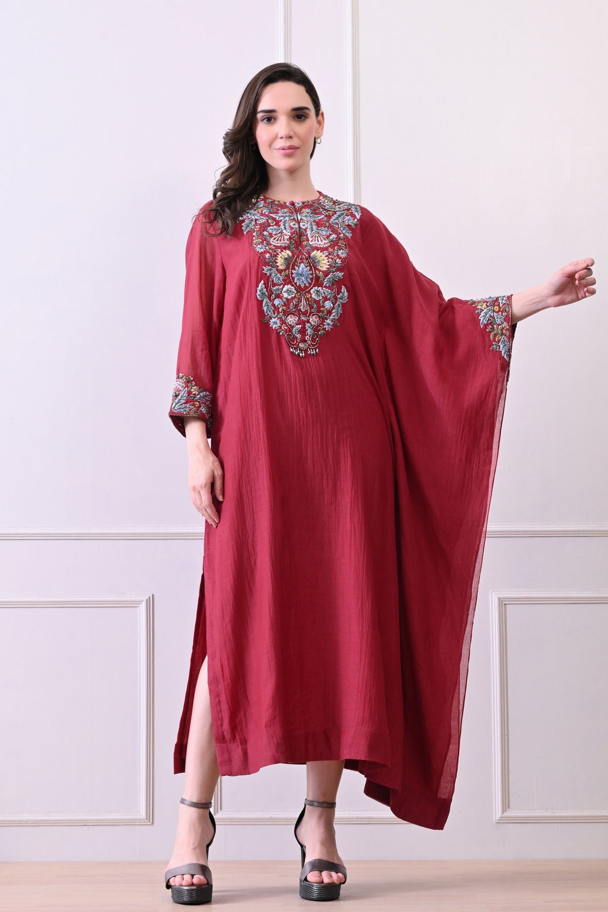 Maroon Zardozi Embroidered Kaftan