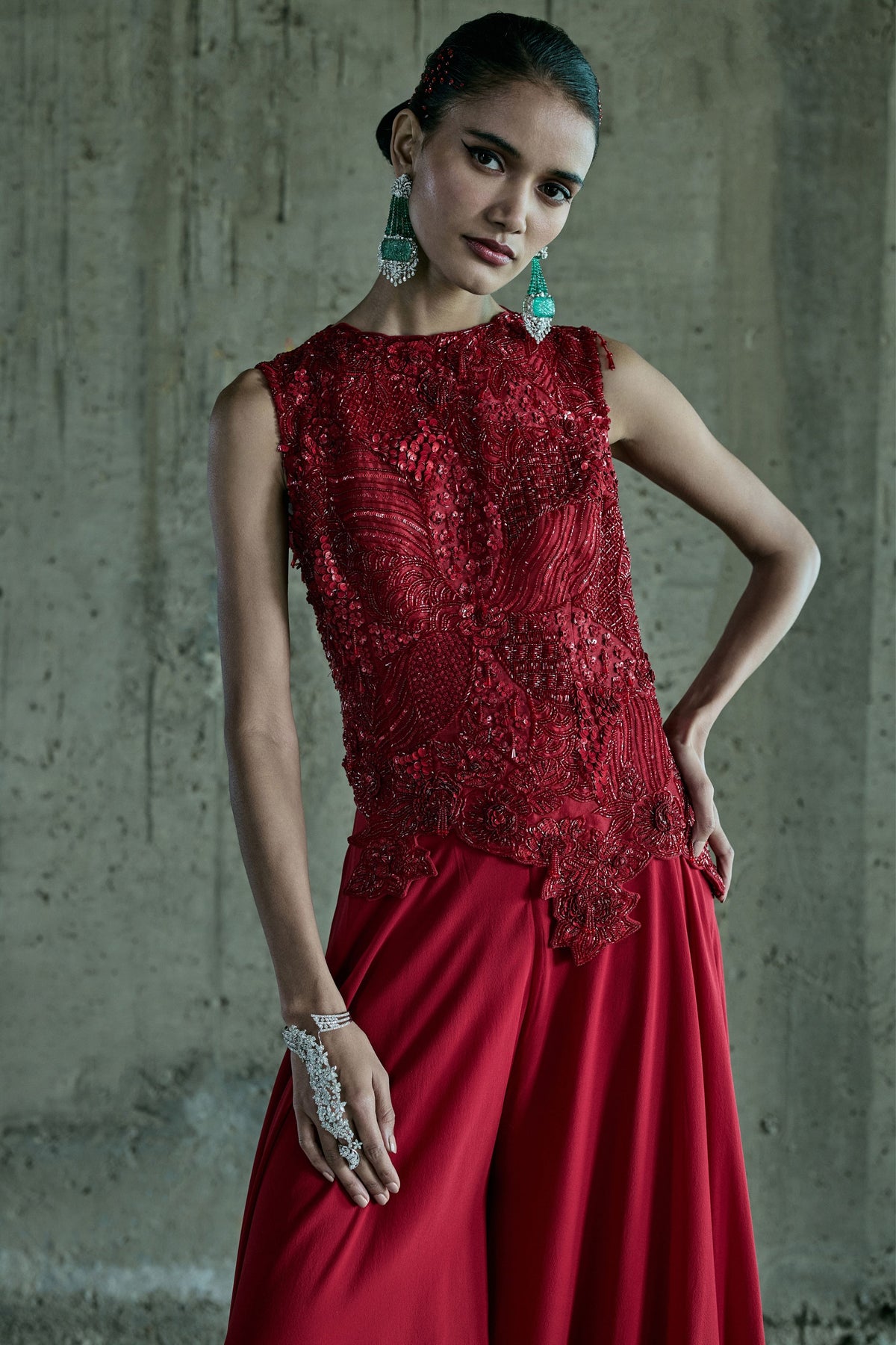 Red Assymetrical Top With Pants
