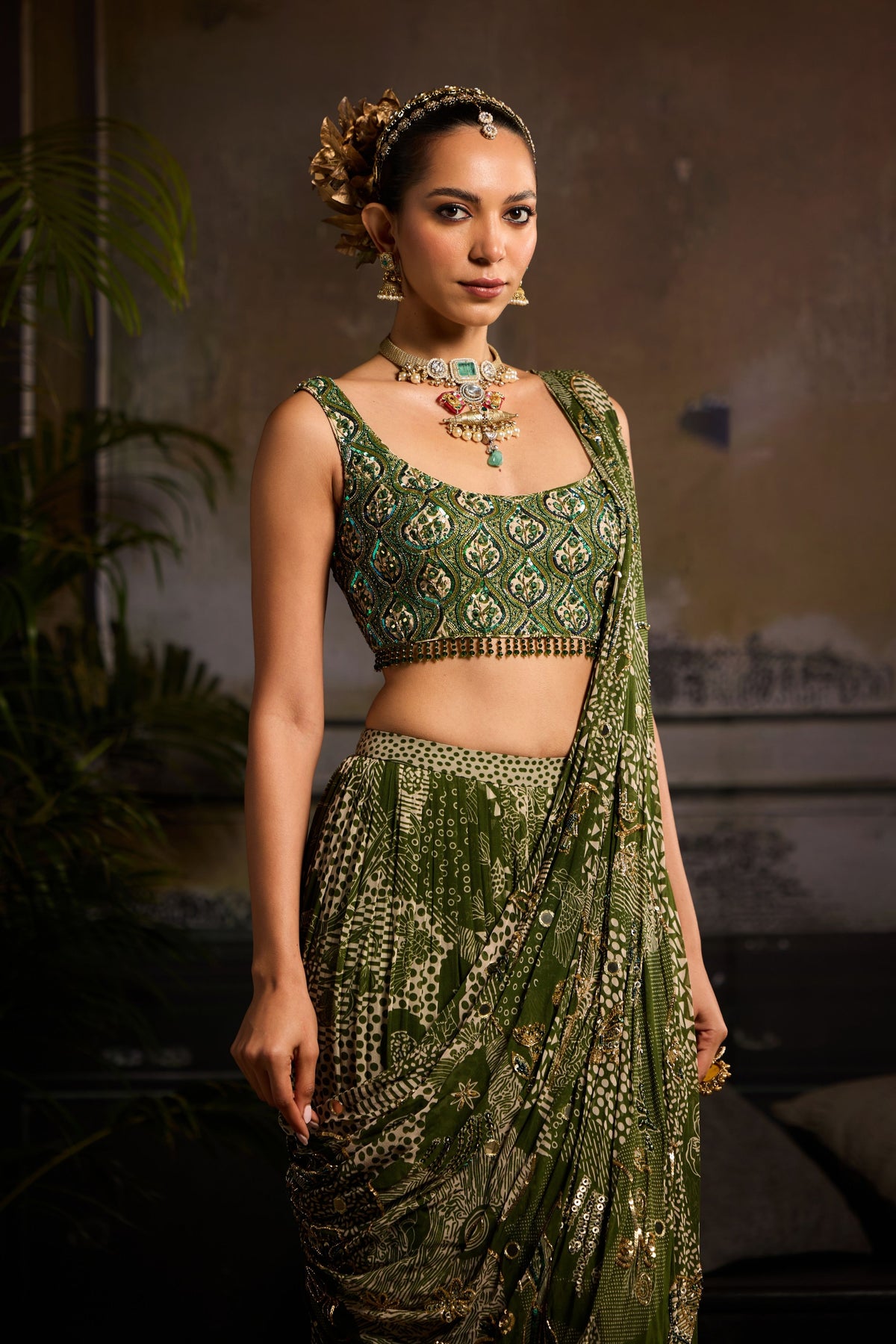 Sage Green Printed  Saree Set
