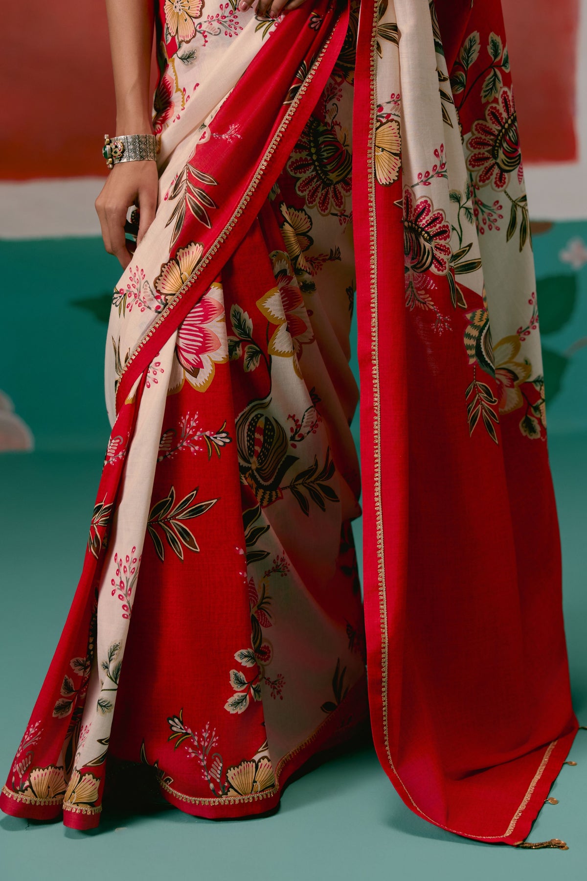 Ecru and Red Floral Saree