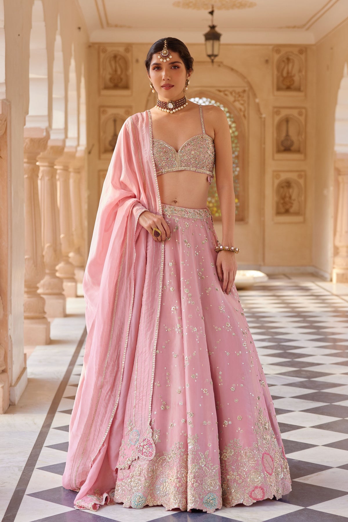 Pink Embroidered Lehenga Set