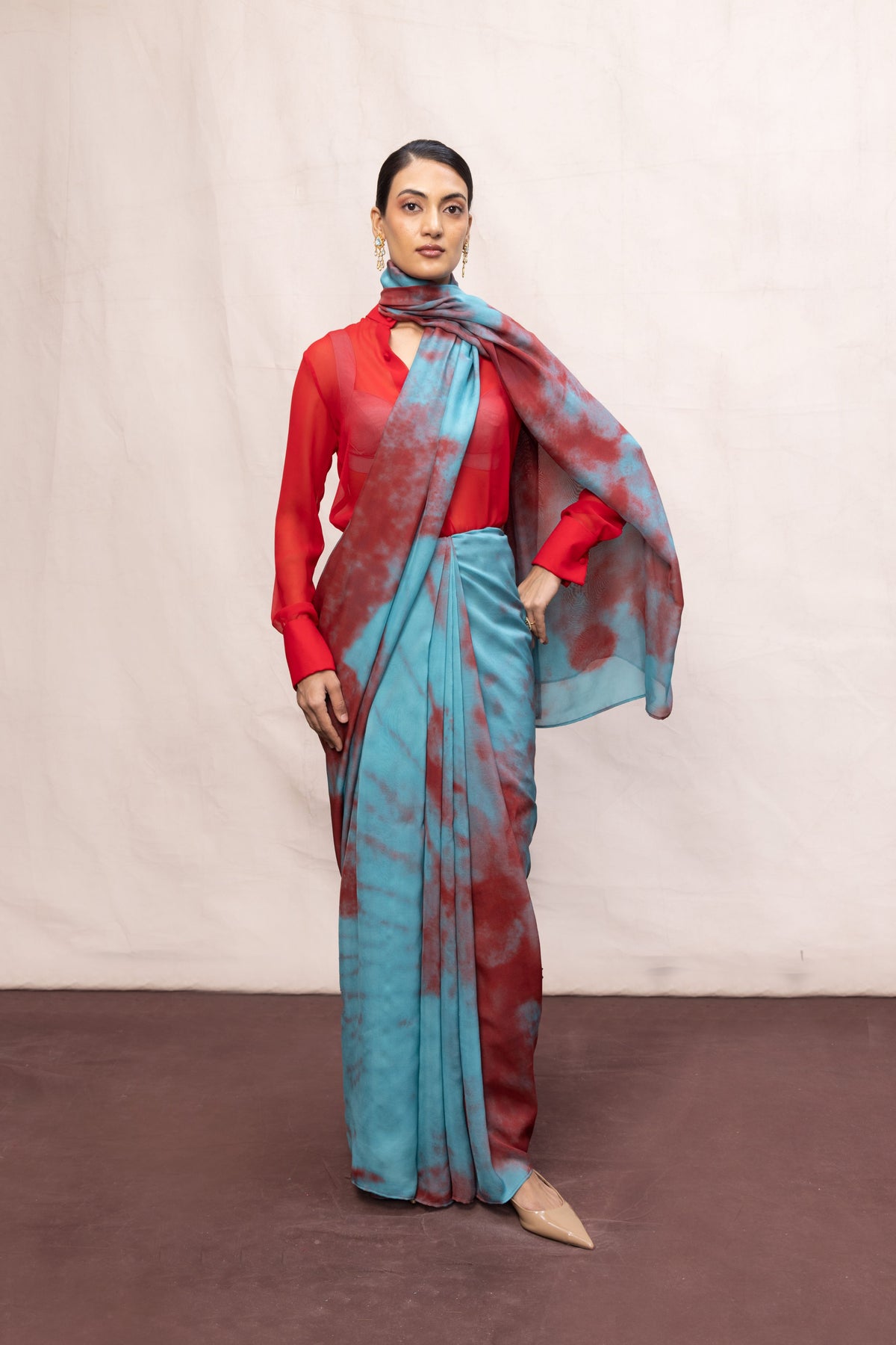 Red Brush Stroke chiffon Saree