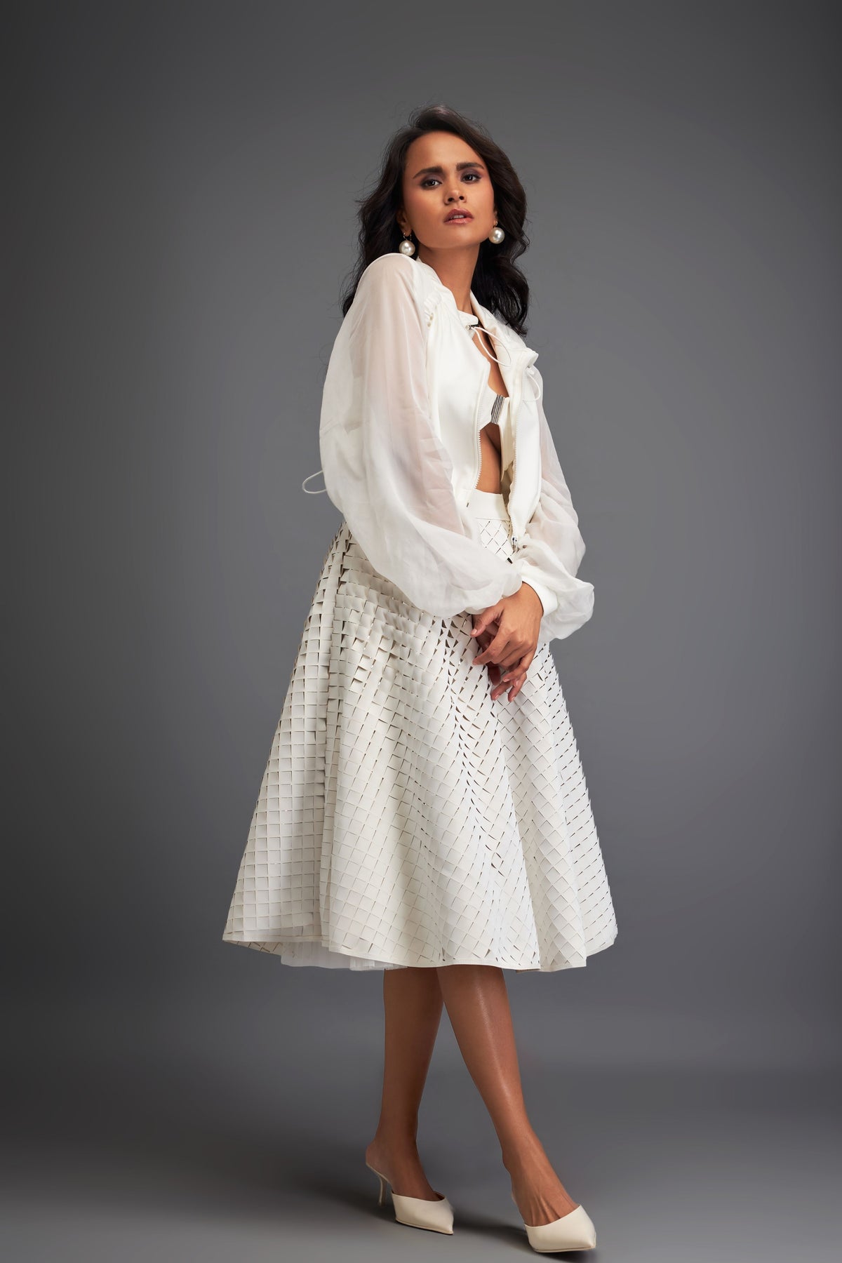White Midi Length A-line Skirt