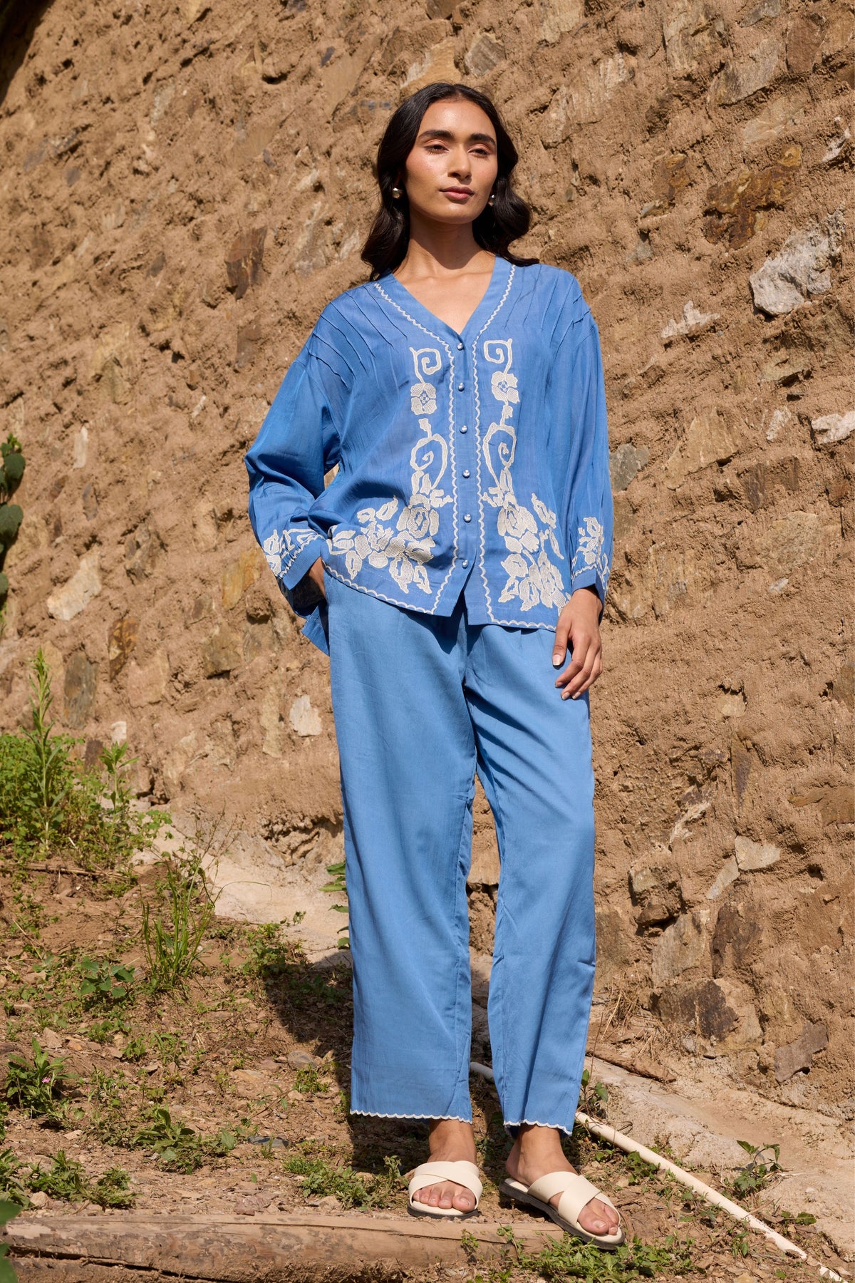 Blue Front Open Pintuck Top