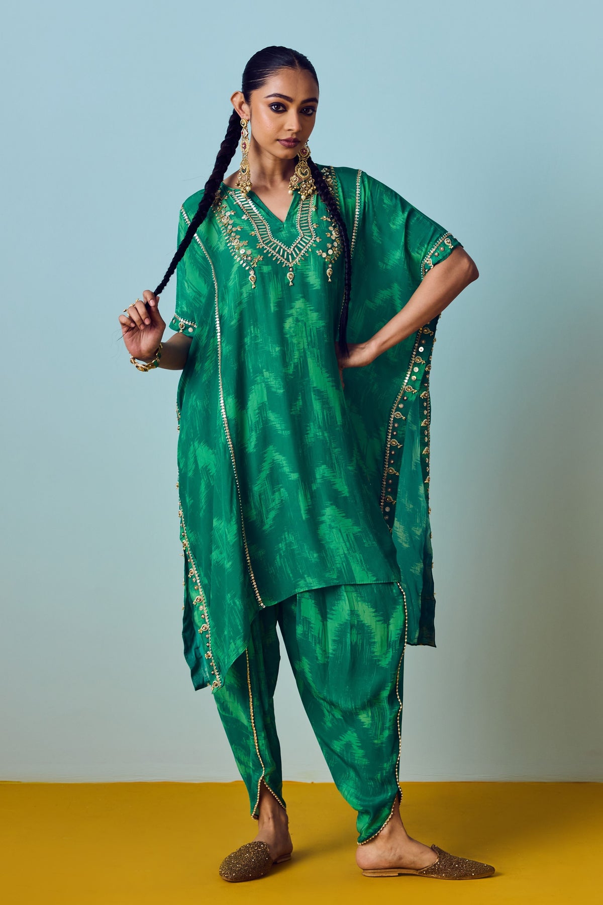 Nourie Coral Green Kaftan Set