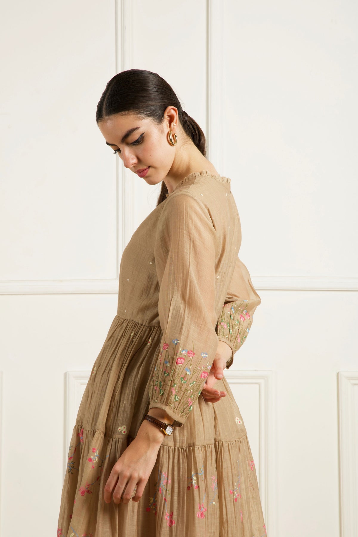 Beige Gathered Kurta Set