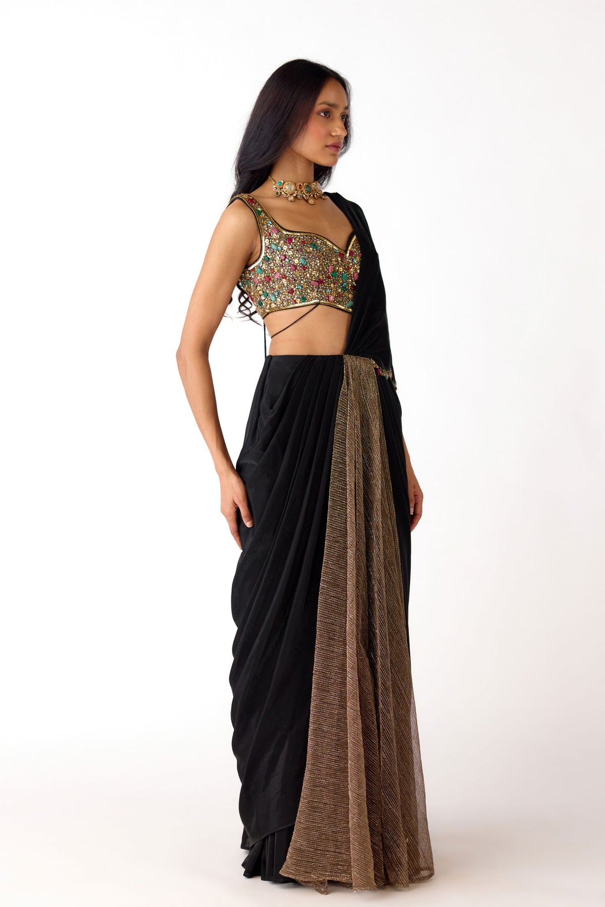 Shimmer Black Draped Saree Set